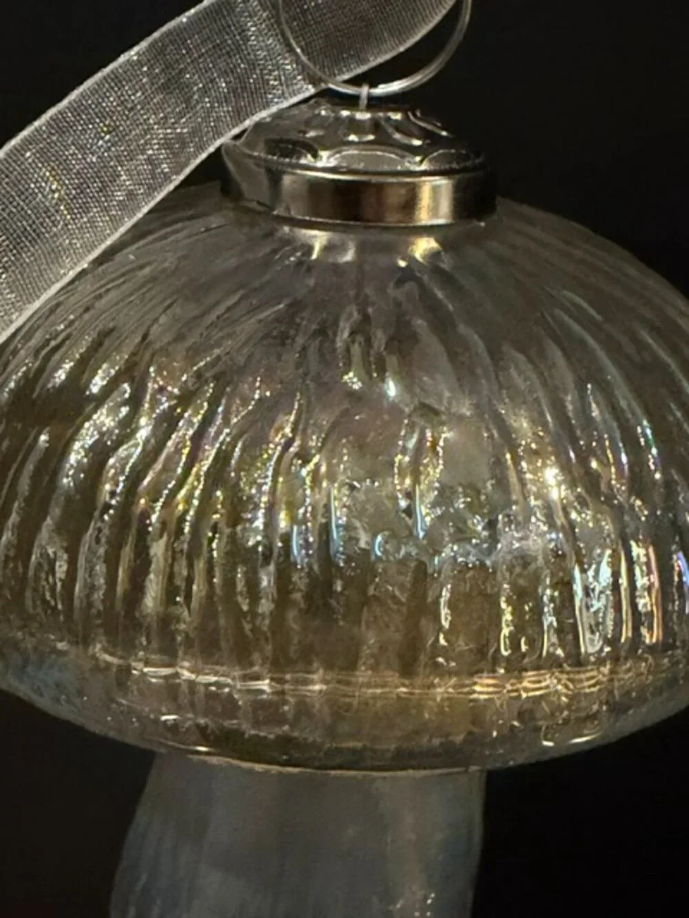 Glass Ribbed Iridescent 4" Mushroom Ornament - Picture 4 of 6